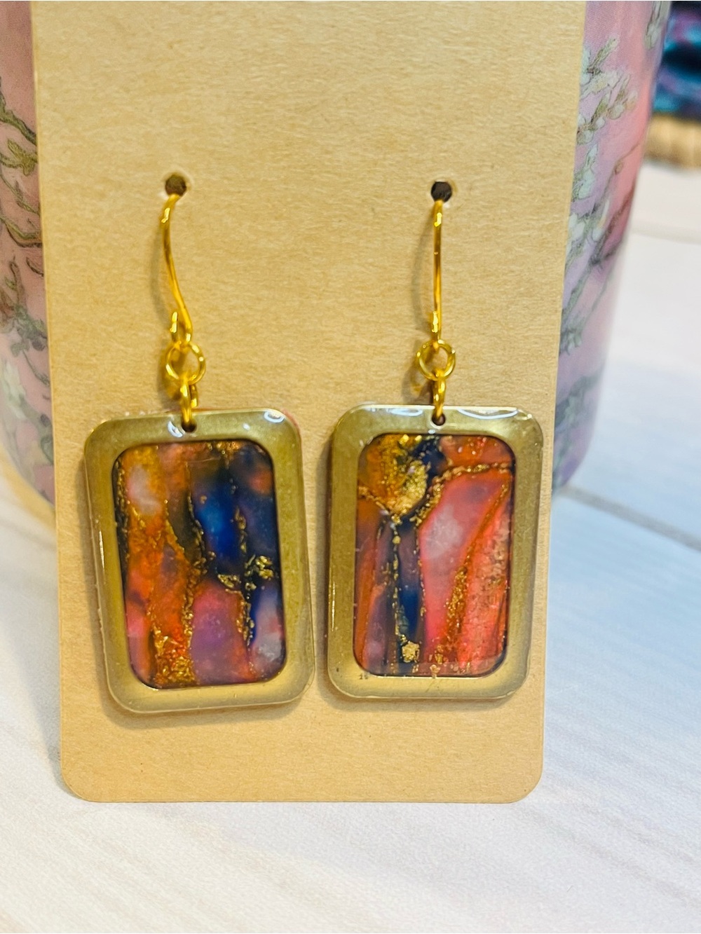 Hand Crafterd Gold Frame Polymer Clay Multicolor/Gold tone Dangle Earrings -
